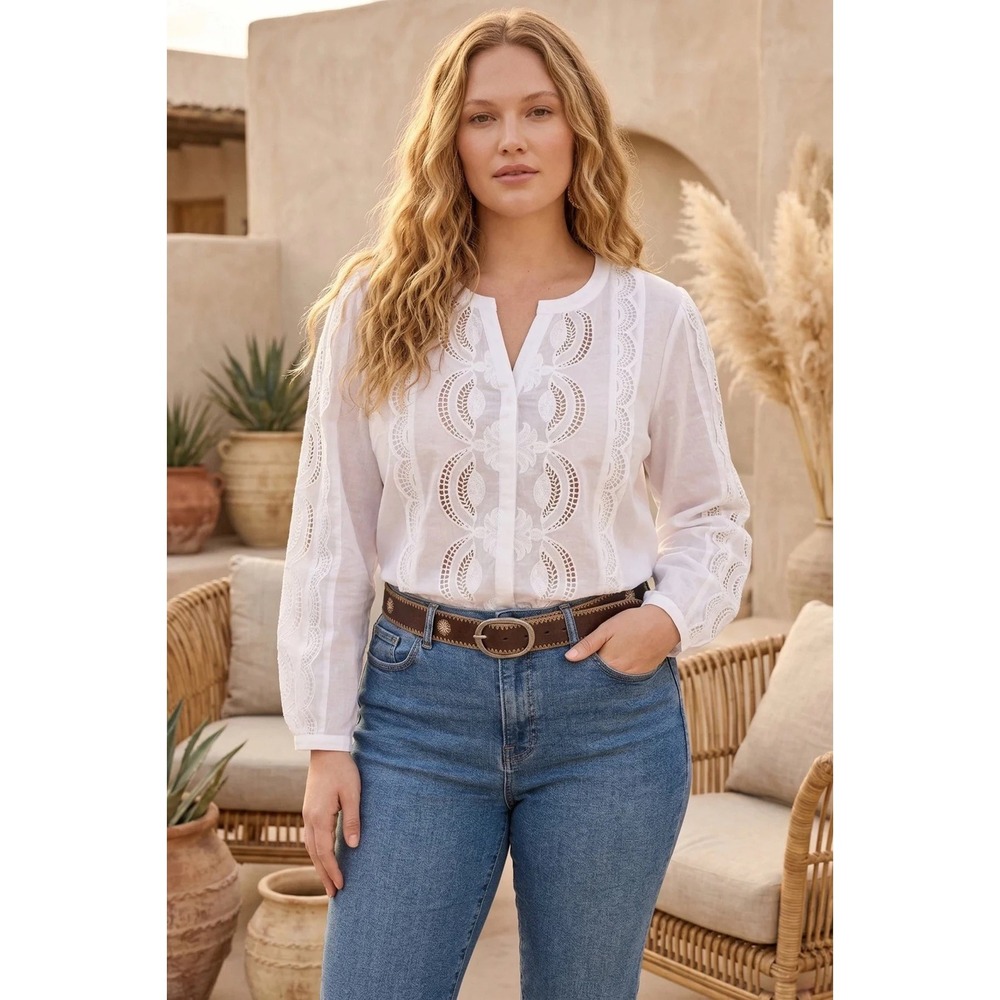 Johnny Was Jade Makaylin White Eyelet Cotton Blouse Button Up Women's 1X NWT